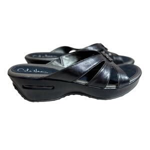 Cole Haan sandal Nike AIr slip on wedge black leather slide silver metal Sz 11